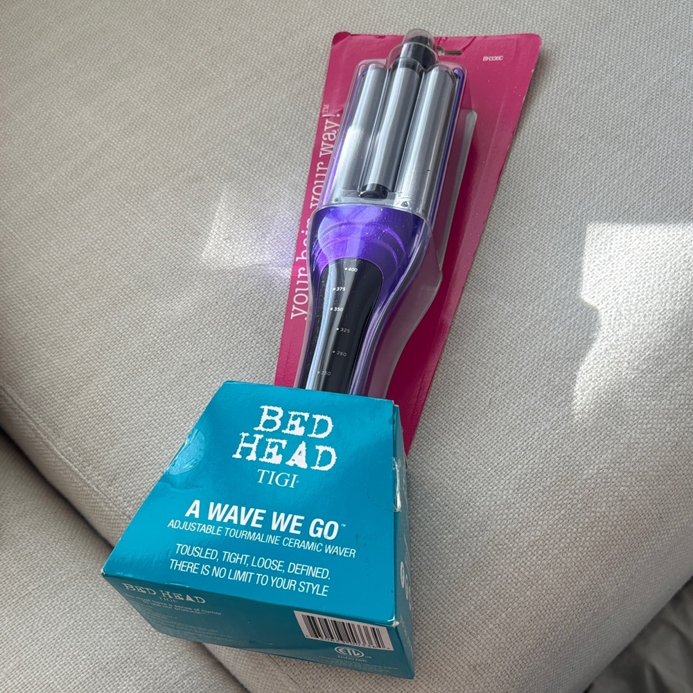 BedHead TIGI Three-Barrel Waver in Purple and Teal Packaging